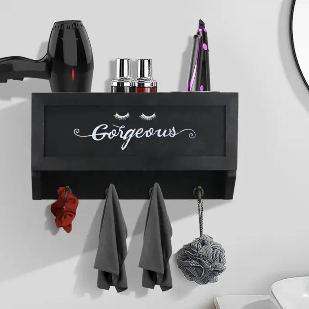 Gorgeous Black Wood Rustic Wall Mounted Storage Hair Tool Organizer with Hooks